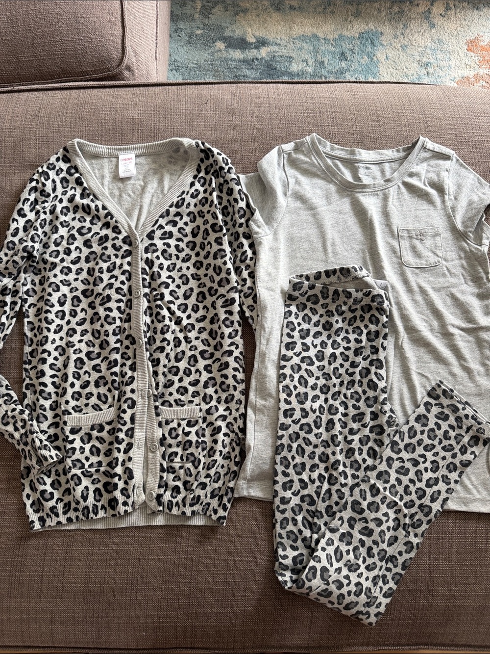 Gymboree Beige and Black Leopard Print Pajama Set - Cardigan, Tee & Pants